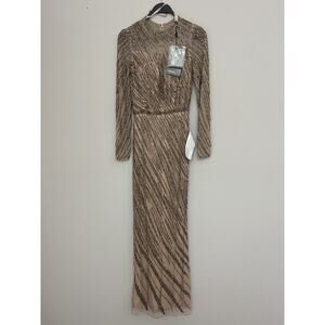 New Mac Duggal Mocha Long Sleeve Sheer Overlay Sequined 5240 Dress Size 2